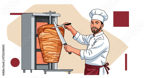 Chef Preparing Delicious Shawarma In Kitchen, Ready To Serve Hot And Tasty Food
