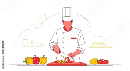 Chef Preparing Food By Slicing Bell Peppers With A Knife In Minimalistic Style
