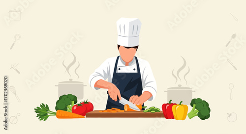 Chef Preparing Fresh Vegetables for Delicious Culinary Creations in a Professional Kitchen Scene