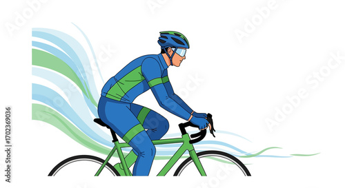 Cyclist Racing Energetically Depicted In A Vibrant Illustration, Showcasing Speed And Motion