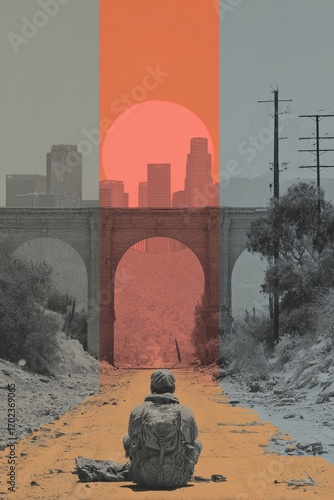 A person finds peace gazing at a city under a colorful sunset.