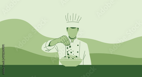 Chef Preparing Pasta Dish with Green Tones and Minimalist Design for Culinary Concepts