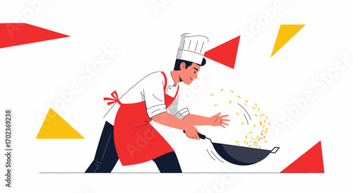 Chef Preparing Tasty Rice Dish In A Wok with Animated Floating Grains Art