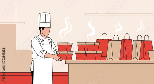 Chef Preparing Takeout Orders for Delivery in Restaurant Kitchen with Food Packaging