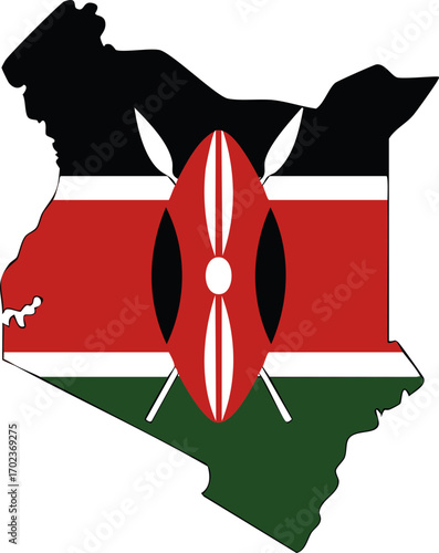 Kenya country map silhouette with national flag colors and Maasai shield
