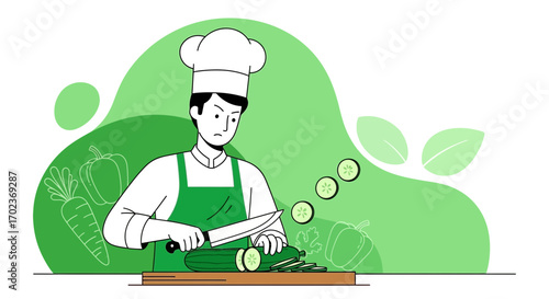 Chef Preparing Vegetables with a Knife During a Cooking Process in Kitchen Setting