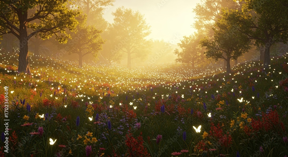 Obraz premium A dreamlike valley with glowing butterflies.