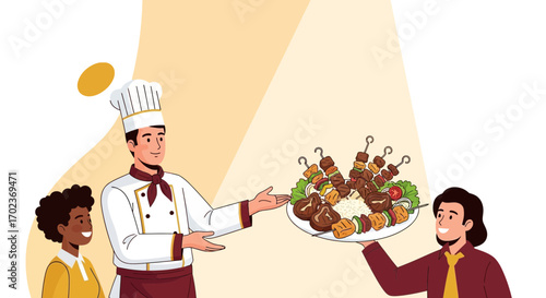 Chef Presenting Dish To Customers, Cuisine And Gourmet Dining Experience Illustration