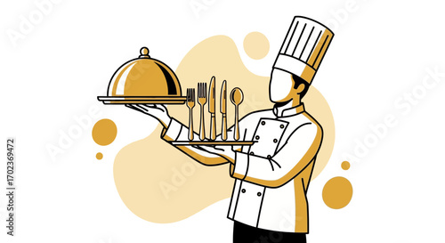 Chef Presenting Dinnerware and a Served Dish, Illustrating Culinary Expertise to the Viewer