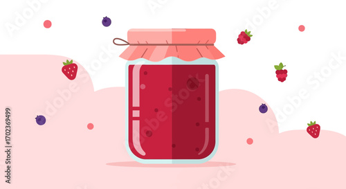 Delicious Homemade Berry Jam In A Glass Jar With Floating Berries Decoration