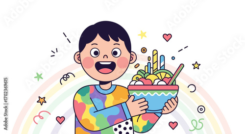 Delighted Child Holding a Delicious Bowl of Colorful Food, Graphic Illustration Design