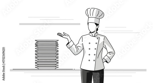 Chef Presenting Plates, Monochrome Illustration Depicting Culinary Profession Concept
