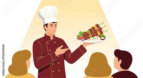 Chef Presenting Skewers Dish To Customers In A Restaurant, Ready To Serve Food, Flat Illustration