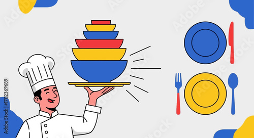 Chef Presenting Stacks Of Dishware for Food Service, Cook with Modern Flat Illustration