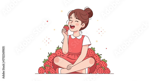 Delighted Young Woman Enjoying Fresh Strawberries, Sitting Surrounded by Fruit