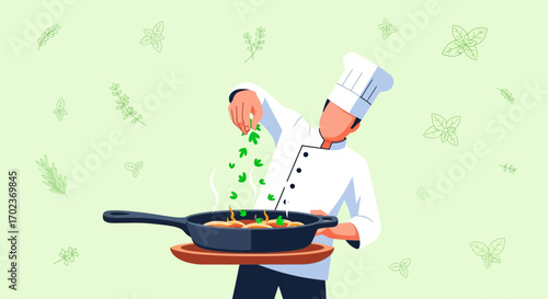 Chef Seasoning Food With Fresh Herbs In A Pan Over A Light Green Background