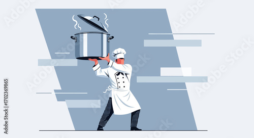 Chef Showcasing A Steaming Pot Cooked Meal Representing Kitchen And Restaurant Work