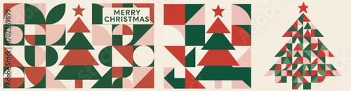 Abstract geometric Christmas tree vector illustration with red, green, and beige shapes. Modern festive design with Merry Christmas text for holiday greetings.