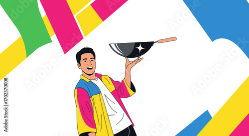 Chef Smiling And Balancing Wok Pan, Modern Illustration With Colorful Graphic Elements