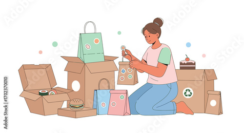 Delivering Delights: An Illustration Of Takeout Orders With A Cheerful Customer