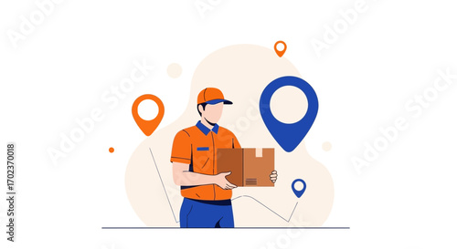 Delivery Courier Presenting Package with Location Markers Depicting Shipment Route Arriving Shortly