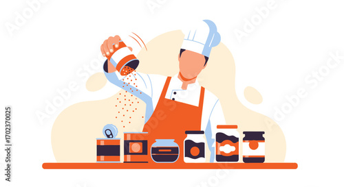 Chef Sprinkling Spices At Table, Cooking Concept With Jars, Cans, And Food Preparation