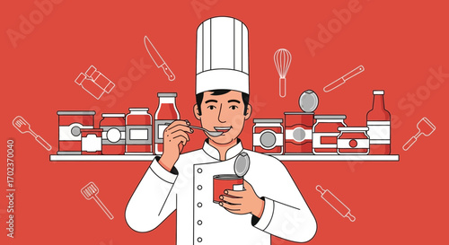 Chef Tasting A Canned Food Product In A Kitchen Setting For Cooking Demonstration