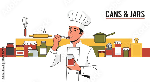 Chef Tasting Preserved Food From Jar In Illustrated Kitchen Setting