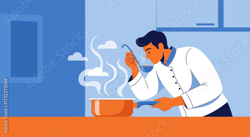 Chef Tasting Delicious Soup from Pot in Modern Kitchen Design Visualization
