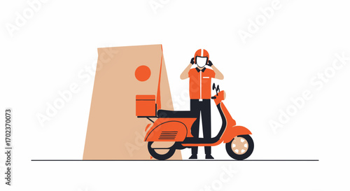 Delivery Driver Preparing To Deliver Parcels On A Scooter Illustration With Package