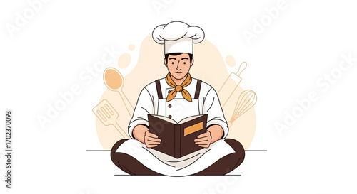 Chef With Cookbook Reviews Culinary Knowledge While Surrounded By Kitchen Utensils