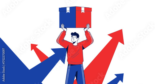 Delivery Man Triumphantly Displaying Box While Surrounded By Upward Pointing Growth Arrows