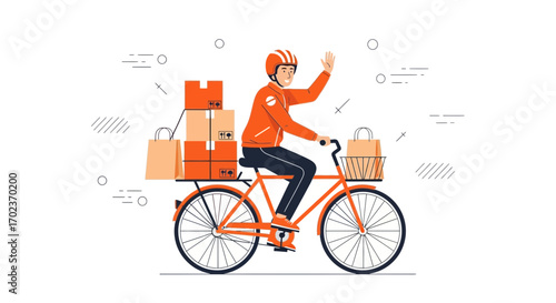 Delivery Person Greeting While Delivering Packages on a Bicycle in Vector Illustration