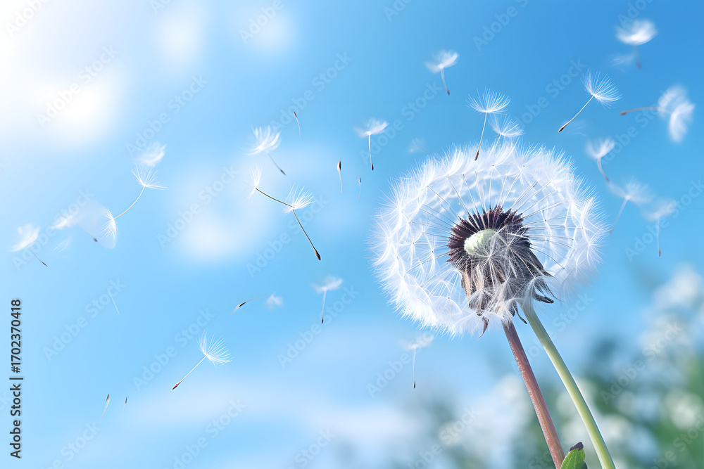 Fototapeta premium Dandelion seeds dispersing into the blue sky on a bright sunny day in springtime