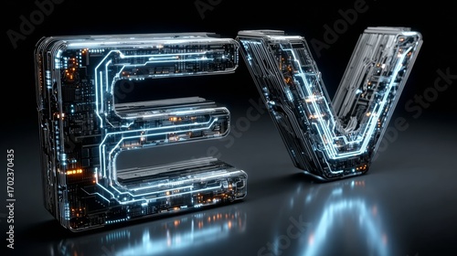 The letters 'EV' are displayed with a futuristic circuit board design, perfect for tech and automotive concepts.