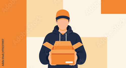 Delivery Worker Holding Package In Shipping, Fast Delivery, E-Commerce Concept Illustration