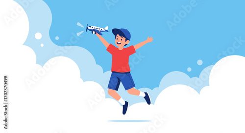 Child Dreams Of Flight Reaching For The Sky While Joyfully Playing With A Toy Airplane