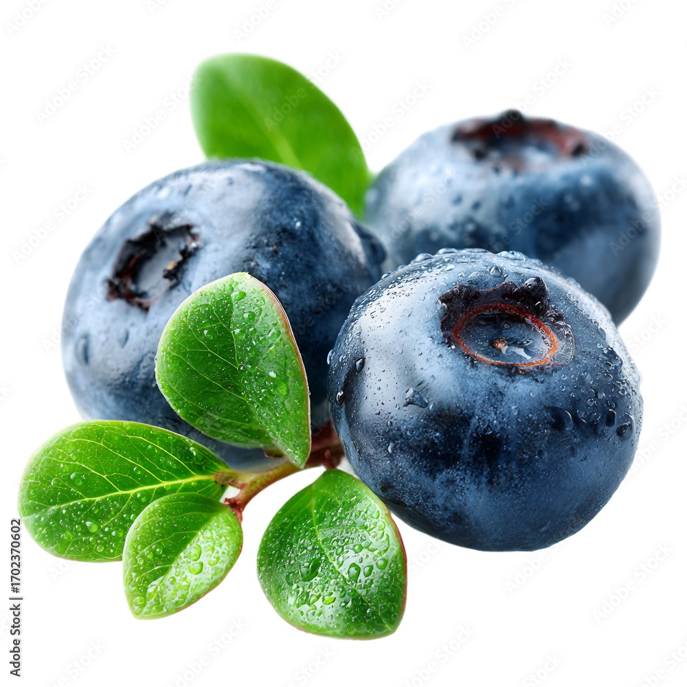 Obraz premium Fresh blueberries with leaves on a white background