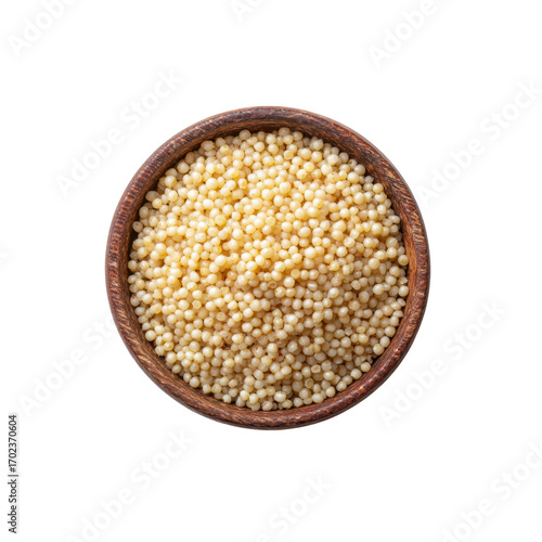 Top View of Cooked Israeli Couscous in a Wooden Bowl