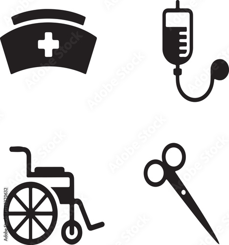 Black Silhouette Medical Icons Including Nurse Cap IV Drip Wheelchair and Scissors healthcare icons