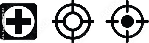 A Collection of Varied Symbols Black and White Icons Showcasing Medical Cross Target and Sniper Scope Depicting Health Precision and Accuracy