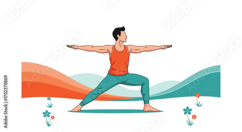 Cartoon Of Man Practicing Yoga Virabhadrasana II Pose In Front Of Artistic Background