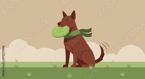 Dog Holding A Frisbee With Scarf In A Park Representing Playful Outdoor Activity