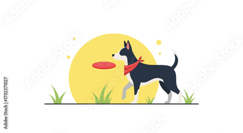 Dog Playing Frisbee In Sunny Day, Colored Illustration, Pet Recreation, Animated Design.