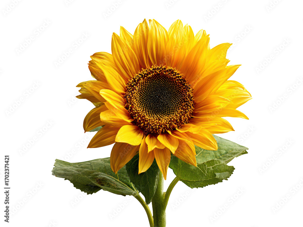 Fototapeta premium Vibrant yellow sunflower with detailed petals and dark seed center seeds green, Isolated On Png Transparent Background
