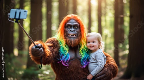 A bigfoot in a rainbow wig takes a selfie with a smiling child in a sunlit forest, using a selfie stick, blending humor and nature in a joyful moment