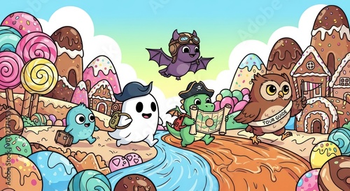 Colorful cartoon creatures enjoying a sweet helowen kuds landscape with candy and treats in a vibrant, whimsical scene.