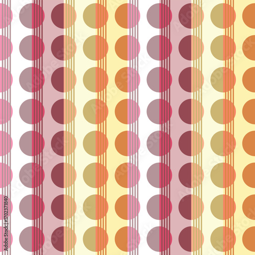 A seamless pattern that repeats neatly from circles, rectangles and vertical lines in various colors such as white, orange, yellow, pink, brown for wallpaper,curtains,wrapping paper, textiles,ceramics