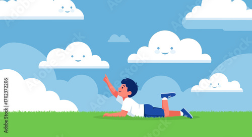 Dreamy Boy Reaching For Clouds On A Sunny Day With Abstract Happy Cloud Faces Illustration
