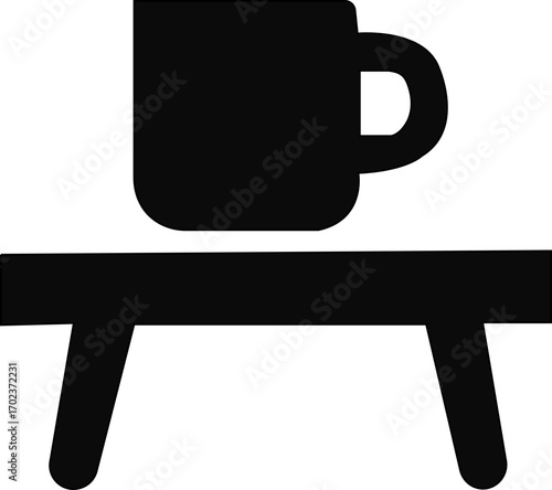 Minimalist Room Icons. Solid, filled icon set of minimalist room elements: bench, chair, floor lamp, low table, plant pot, framed. Editable stroke. Vector illustration. Living room icon.